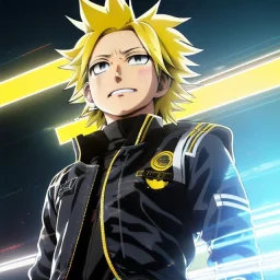 Detailed anime portrait of denki Kaminari my hero academia, yellow hair, black suit, intricate details, full body portrait, keep head in frame, slight smile, black Japanese motif, concept art, highly detailed, digital painting, concept art, sharp focus, illustration, art by Yoji Shinkawa, WLOP and greg rutkowski and alphonse mucha and artgerm and yanjun Chen and Junji ito and Makoto Shinkai, HDR, octane render