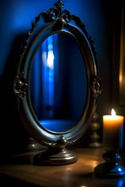 A candle in front of an ancient blue oval mirror in the dark