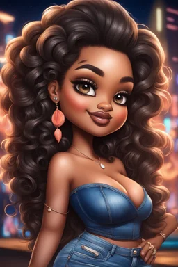 create an airbrush illustration of a chibi cartoon curvy black female wearing Tight blue jeans and a peach off the shoulder blouse. Prominent make up with long lashes and hazel eyes. She is wearing brown feather earrings. Highly detailed long black shiny wavy hair that's flowing to the side. Background of a night club.