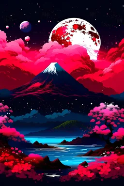 The sky is white, the land is red, and on top of it is a volcano whose lava is erupting, and in the middle of the sky there are stars that are pink and a moon that is green, and next to the volcano is a river that is red, from which flowers that are purple are bubbling, and in the middle of the river is a girl wearing black sports pajamas and a black hat, and in her hand is an umbrella because the sky is... It is white in color, full of black clouds, and it rains very, very heavy rain, and it th