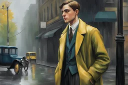 young man in 1920s attire standing on a street corner in the rain in a realistic painting style with colors of yellow, blue, green, and black