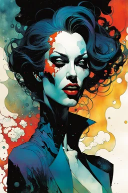 create a wildly abstract and chaotic full body illustration of an amorphous vampire woman with highly detailed facial features utilizing fluid organic shapes, in the comic book art style of Bill Sienkiewicz, Mike Mignola, and Jean Giraud Moebius, finely textured, drawn, colored, and inked