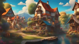 Cute little village kandinsky style Epic cinematic brilliant stunning intricate meticulously detailed dramatic atmospheric maximalist digital matte painting