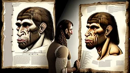 face of neanderthal in foreground parchment map of Europe background