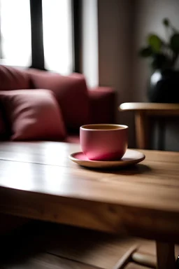 image of a wooden table with a pink pillow on it and a coffee mug on the other side, the pillow in the foreground