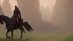 warrior sorcerer leading a black horse on forest path