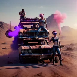 Ultra Realistic photo, medium shot view, drunken women, mad max scene, sexy steampunk. Pink hair, confeti, Sunglasses, smoking, happy, festival, red fog. highly detailed, concept art, unreal engine 5, ray tracing, RTX, lumen lighting, ultra detail, volumetric lighting, 3d, finely drawn, high definition, high resolution.