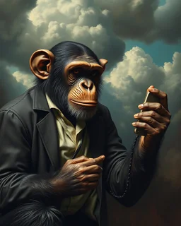 Bosch painting style, nightmare , a male chimpanzee dressed like a teenager asking a female chimpanzee for phone number great quality picture with cinematic scenes , heavy clouds in the background
