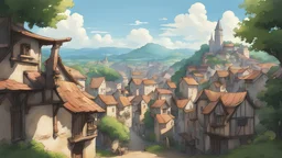 beautiful town view, hilltop view, medieval town, peaceful, ghibli style