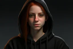 A young adult female with medium length red hair, brown eyes, wearing a black hoodie, realistic, slight smile