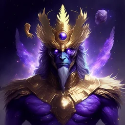 A creature with a combination of eagle and human head God-like man with infinite power who owns the galaxies and wears a beautiful crown with thanos Infinity Gauntlet