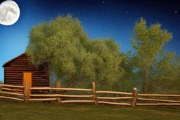 Dry trees, night, full moon, cabin, yard with flowers, fence, background pc