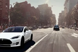 A Tesla 'Model Y' is racing at top speed, in Greenwich Village, in Manhattan. CINEMATIC. WIDE ANGLE LENS. PHOTO REAL.