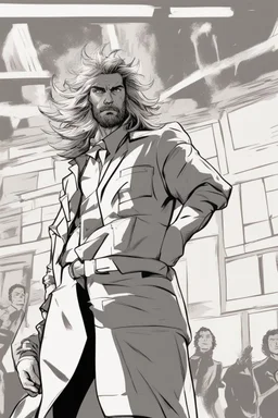 man with scruffy hair, stubble and a judgmental look on his face comic book style