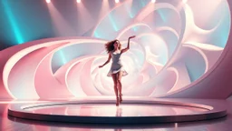 modern stage with a beautiful lady in modern clothing dancing, 3D recursive fractal structure animating background