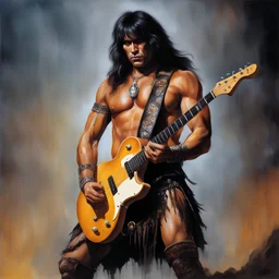 Conan the Barbarian dressed as a 20th century heavy metal guitarist, dark, multicolored watercolor stained wall in the background, oil painting in the art style of Boris Vallejo, 32k UHD, Hyper realistic, photorealistic, realistic, sharp, highly detailed, professional quality, beautiful, awesome, majestic, superb, trending on artstation