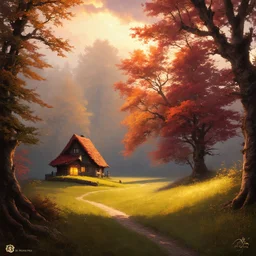 fairytale mood, autumn, dusk, a forest clearing with a lovely cottage