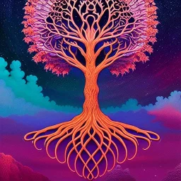 fullbody Drawing of 'sketch of an ancient tree of life',intricate detail,andrea bonelli,Kilian Eng,Ohrai,evan lee,Aleksandr Sidelnikov,KyuYong Eom,three quarters frontal aerial view,toned colors,32k