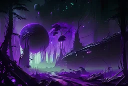 Intact & Functional Sci-fi Colony, Alien Planet Corrupted Forest, Dense Purple Fog, Dead Soil, Broken Roads ,Black Night Sky, Stars, Space, Distant Planets