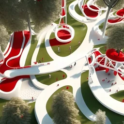 Vista aérea completa Parque infantil juegos columpios estilo Zaha Hadid obra de arte digital detallada color blanco crema y rojo imperial impactante árboles niños personas foto realista arte Bauhoaus iluminación cinematografica 4k