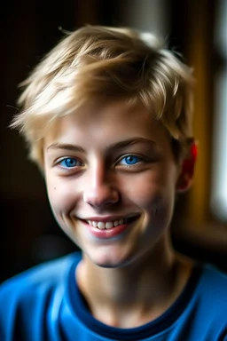 portrait of a 16 year old caucasian woman with really short blond hair, water-blue eyes, smiling