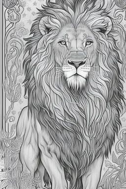 coloring book page of a magical lion, monochrome, black and white, sharp, sketch drawing