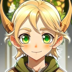 Make a cute elf anime boy with blond hair and brown/redisch eyes. He is around 25