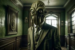 ww1 sick archeologist with suit talking close-up standing up looking to the camera, inside mansion room background, cthulhu face