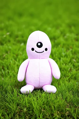 plush toy(tall and skinny blob with 1 eye and a smile) small feet at front, in a field of short grass