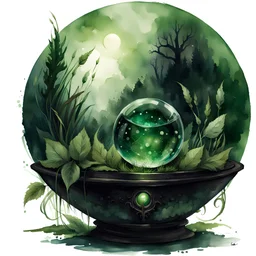 watercolor, dark style, dark green vintage witch's sphere with herbal decoction with emeralds and with grass and leaves, Trending on Artstation, {creative commons}, fanart, AIart, {Woolitize}, by Charlie Bowater, Illustration, Color Grading, Filmic, Nikon D750, Brenizer Method, Side-View, Perspective, Depth of Field, Field of View, F/2.8, Lens Flare, Tonal Colors, 8K, Full-HD, ProPhoto