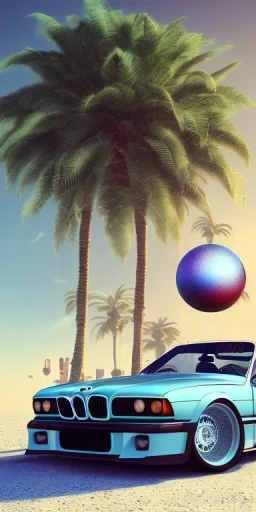 1980's aesthetic vaporwave palm trees and spheres and sports bmw