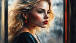 abstract digital art, impressionism, blurry look and feel, byzantine alcohol oil painting of a stunning woman with blonde hair and red lips, earrings, freckles, standing by a window, Disney noir style, masterpiece, 32k resolution, hyper detail, fine details, brush strokes airbrushed, foggy feel and view, on canvas, magic, 8k concept art, moody lighting, hyper detail, intricate detail