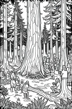 Under the vast canopy of ancient redwood trees, a group of friends dances joyously around a roaring campfire. The towering trees create a cathedral-like atmosphere, and the bonfire's flames illuminate the massive trunks, conveying the profound connection with nature and the freedom of uninhibited expression..coloring book page, simple and clean line art, adult drawing book, black and white, crisp black lines, no shades, sharp lines, coloring book for adults, cartoon style, landscape