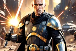 star wars bald male corellian jedi pilot wearing black and gunmetal grey old republic armored robes with gold trim, alone, battle-ready Jedi Master defending a ruined ancient city surrounded by golden light, centered head and shoulders portrait, hyperdetailed, dynamic lighting, hyperdetailed background, 8k resolution, volumetric lighting, light skin, fully symmetric details