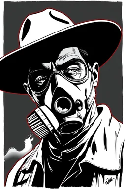 western styles man with wide flat brim hat shading face, wearing a gas-mask, vignette, black and white graphic novel style with a red outline on black background, gothic body horror