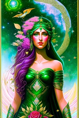 The beautiful goddess of healing and well-being stands on a land of pure water embellished with emeralds. And glass rose trees. And a name. Colored with stars and planets