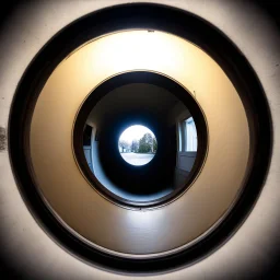 a demon knocks at the door [A scene viewed through a door peephole, circular fisheye lens distortion, soft dark vignette around edges, slightly warped perspective, as if looking through a small aperture]