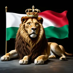 Create A hyper-realistic highly detailed, image of a majestic lion lying down, wearing a royal crown. The lion's fur should be rich and textured, with a regal and powerful presence. Behind the lion, the big flag of the Republic of Bulgaria(white, green,red) waves gracefully, its white, green, and red colors vivid and well-defined. The background should be an elegant, deep black, creating a striking contrast that enhances the grandeur of the lion and the flag. The lighting should be drama