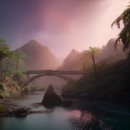 Artemis Tapınağı fantasy art, island waterfall palms twigs spring sunset rainbow bridge birds, lighting, cinematic, extremly, mist, unreal engine 5, cinematic lighting, beautiful, photorealistic, abstract