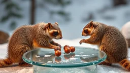 ice bear squirrel raccoons playing land hockey on glass table on ceres