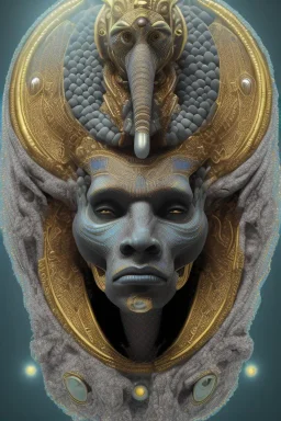 Aztec male African Egyptian alien, cracks in the voodoo head, wicked, eyes, crown, Elephant, 8k, finely detailed, photo realistic, tiger turquoise skull head gold dragon space alien snow skeleton gold hornytoad silver crown silver eyes