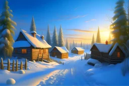 photorealism, blue sky, dawn, snowy, sunny rays, beautiful sunny morning, very beautiful big Russian village, beautiful small wooden logs, various carved beautiful houses of different colors, fluffy trees, long snow-covered path, fluffy snow, yellow-blue shadows, professional photo, pastel colors, high resolution, high detail, ISO 100, realistic, beautiful, aesthetically pleasing, soft lighting, dim lighting, bright lighting