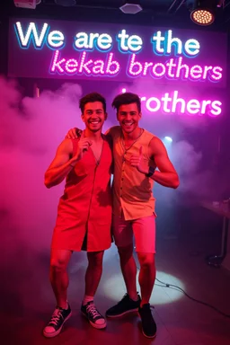 An "Identical twins" performing at dance club, theyre name is "Martin and Mercurius" Happy and celebrity look, , Neon lights and smog, "We are the kebab brothers" big sign on the wall