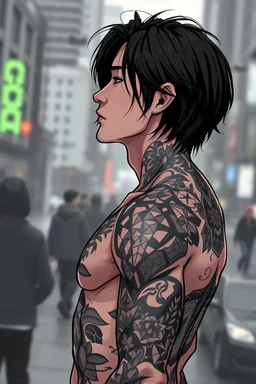 tattooed korean man, 3d anime, Asain man, nice profile, attraktive handsome, medium long black hair, hot body, his body with geometric tattoos, strong lines, deep dark colors, blur random city background, highly detailed, modern vibe, artwork, grayscale, no photorealism