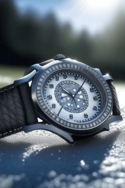 "Generate an image of a frosted watch in an outdoor, snowy setting. The watch should glisten under the winter sun, with snowflakes delicately resting on its surface."