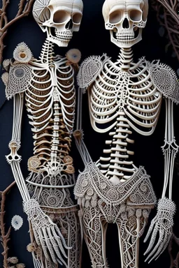 Celebrity skeleton couple dressed in intricately detailed designer suits made from macrame and quilling found in nature.