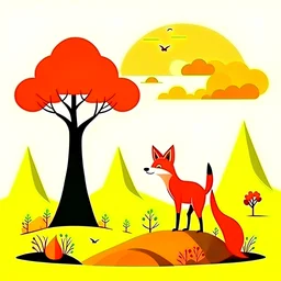 landscape with orange tree mountain and fox, cartoon
