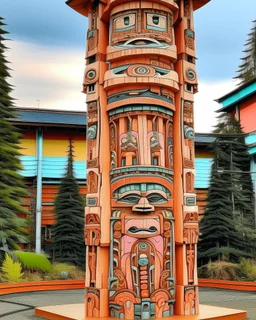 A light rosy orange colored mechanized fortress designed in pacific Northwest totem poles painted by Cai Jia