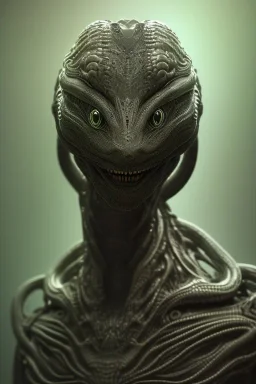 snake alien, head,8 eyes, smile, 8k, with hairs, finely detailed, photo realistic, HR Giger style