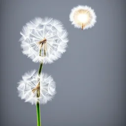 a small, fluffy dandelion on fire at the middle left part of the picture, dreamlike minimalist art with a lot of white space around it